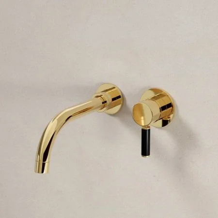 Bayor Wall Mounted 2 Hole Basin Mixer - 200mm Spout - Black Lever - Living Brass
