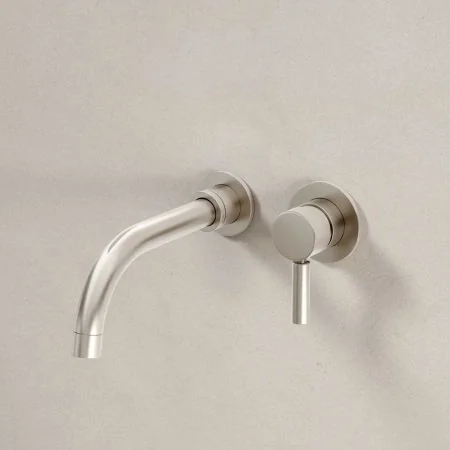 Bayor Wall Mounted 2 Hole Basin Mixer - 200mm Spout - Metal Lever - Brushed Nickel