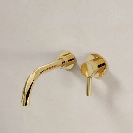 Bayor Wall Mounted 2 Hole Basin Mixer - 200mm Spout - Metal Lever - Living Brass