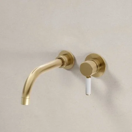 Bayor Wall Mounted 2 Hole Basin Mixer - 200mm Spout - White Lever - Brushed Brass
