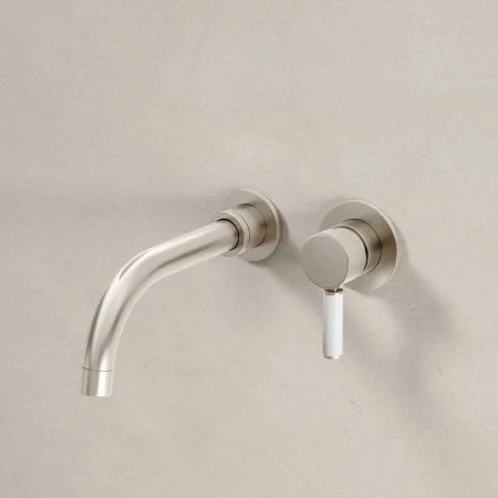 Bayor Wall Mounted 2 Hole Basin Mixer - 200mm Spout - White Lever - Brushed Nickel