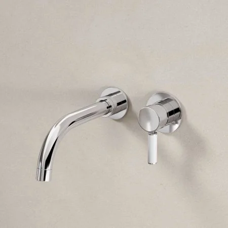 Bayor Wall Mounted 2 Hole Basin Mixer - 200mm Spout - White Lever - Chrome