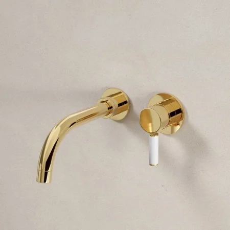 Bayor Wall Mounted 2 Hole Basin Mixer - 200mm Spout - White Lever - Living Brass