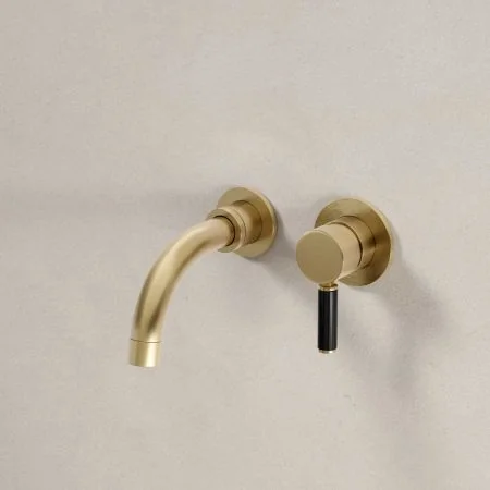 Bayor Wall Mounted 2 Hole Basin Mixer - 140mm Spout - Black Lever - Brushed Brass