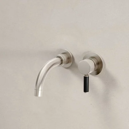 Bayor Wall Mounted 2 Hole Basin Mixer - 140mm Spout - Black Lever - Brushed Nickel