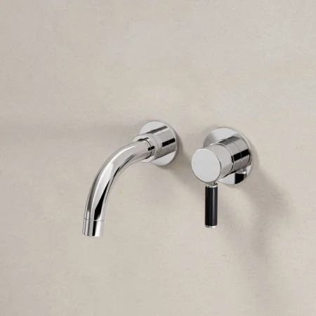 Bayor Wall Mounted 2 Hole Basin Mixer - 140mm Spout - Black Lever - Chrome