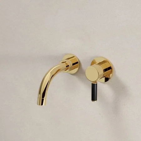 Bayor Wall Mounted 2 Hole Basin Mixer - 140mm Spout - Black Lever - Living Brass