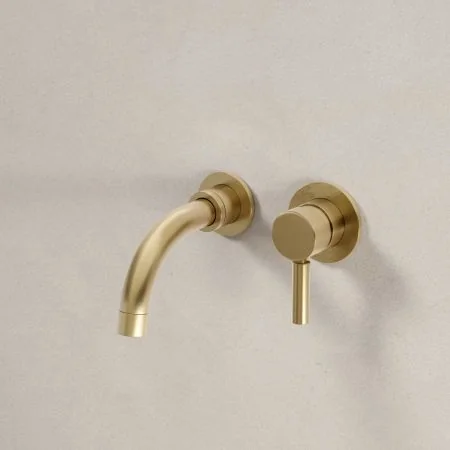 Bayor Wall Mounted 2 Hole Basin Mixer - 140mm Spout - Metal Lever - Brushed Brass