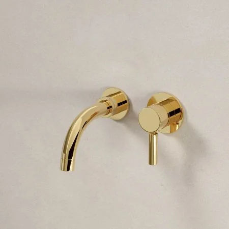 Bayor Wall Mounted 2 Hole Basin Mixer - 140mm Spout - Metal Lever - Living Brass