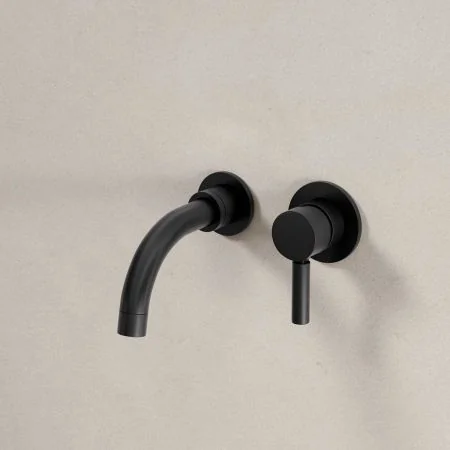 Bayor Wall Mounted 2 Hole Basin Mixer - 140mm Spout - Metal Lever - Matt Black