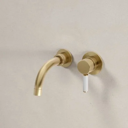 Bayor Wall Mounted 2 Hole Basin Mixer - 140mm Spout - White Lever - Brushed Brass