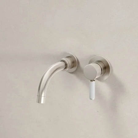 Bayor Wall Mounted 2 Hole Basin Mixer - 140mm Spout - White Lever - Brushed Nickel