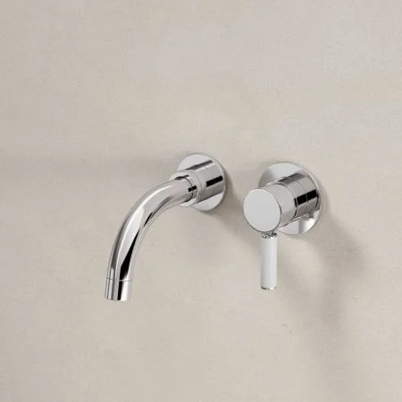 Bayor Wall Mounted 2 Hole Basin Mixer - 140mm Spout - White Lever - Chrome