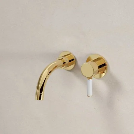 Bayor Wall Mounted 2 Hole Basin Mixer - 140mm Spout - White Lever - Living Brass