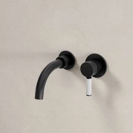 Bayor Wall Mounted 2 Hole Basin Mixer - 140mm Spout - White Lever - Matt Black