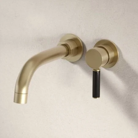 Bayor Wall Mounted 2 Hole Bath Filler with Black Lever in Brushed Brass