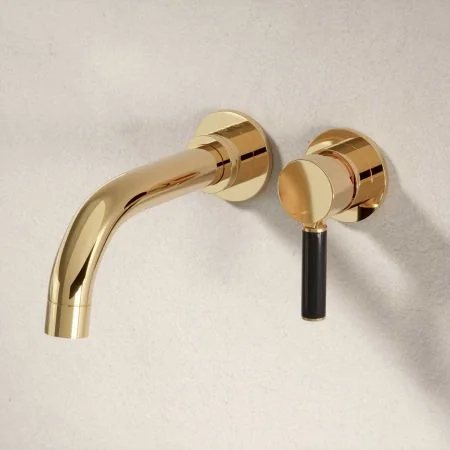 Bayor Wall Mounted 2 Hole Bath Filler with Black Lever in Living Brass