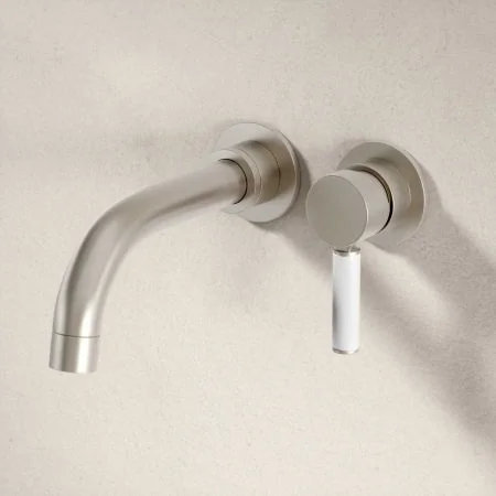 Bayor Wall Mounted 2 Hole Bath Filler with White Lever in Brushed Nickel