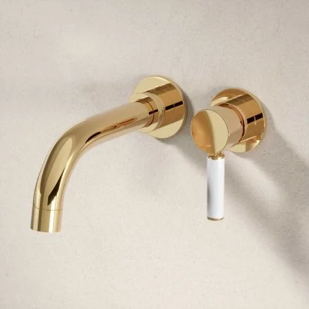 Bayor Wall Mounted 2 Hole Bath Filler with White Lever in Living Brass