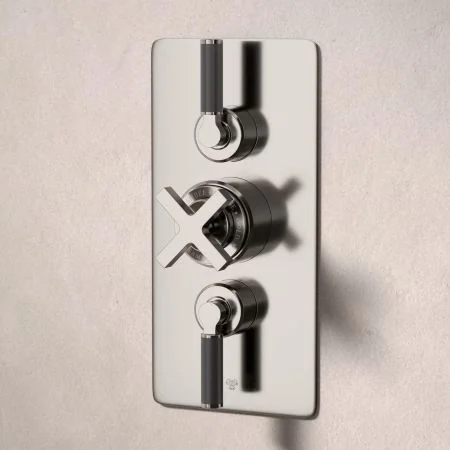Bayor Dual Outlet Concealed Shower with Handheld Shower Hook & 210mm Ceiling Arm with 8" Rose - Black Lever - Brushed Nickel