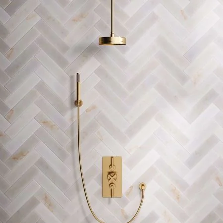 Bayor Dual Outlet Concealed Shower with Handshower Hook, 210mm Ceiling Arm, 8" Rose & Metal Levers in Brushed Brass