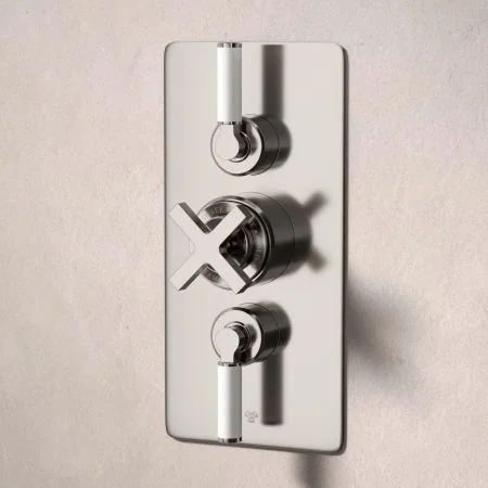 Bayor Dual Outlet Concealed Shower with Handheld Shower Hook & 210mm Ceiling Arm with 8" Rose - White Lever - Brushed Nickel