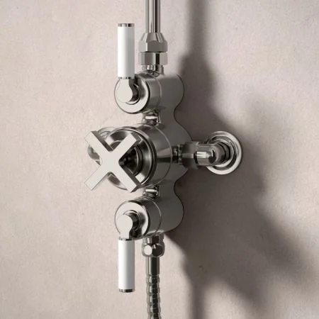 Bayor Dual Outlet Exposed Shower with Riser Mounted Handheld Shower & 8" Rose - White Lever
