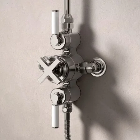 Bayor Dual Outlet Exposed Shower with Handheld Shower Hook & 8" Rose - White Lever - Brushed Nickel
