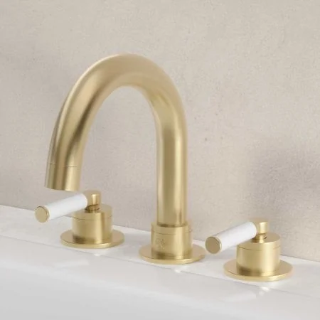 Bayor Deck Mounted 3 Hole Bath Filler - White Lever - Brushed Brass