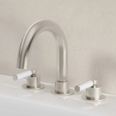 Bayor Deck Mounted 3 Hole Bath Filler - White Lever - Brushed Nickel