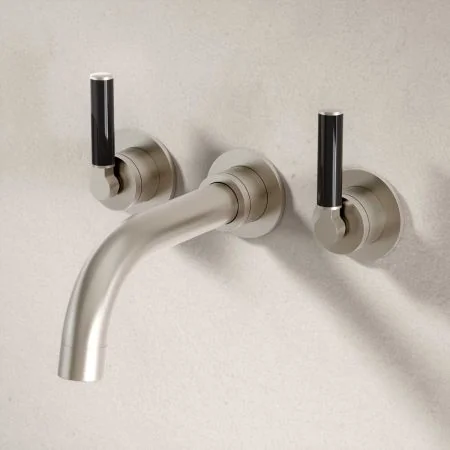 Bayor Wall Mounted 3 Hole Bath Filler - 220mm Spout - Black Lever - Brushed Nickel