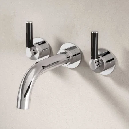 Bayor Wall Mounted 3 Hole Bath Filler - 220mm Spout - Black Lever - Chrome