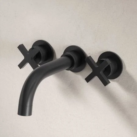 Bayor Wall Mounted 3 Hole Bath Filler - 220mm Spout - Crosshead - Matt Black