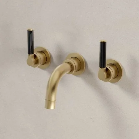 Bayor Backsplash Basin Mounted 3 Hole Basin - Black Lever - Brushed Brass