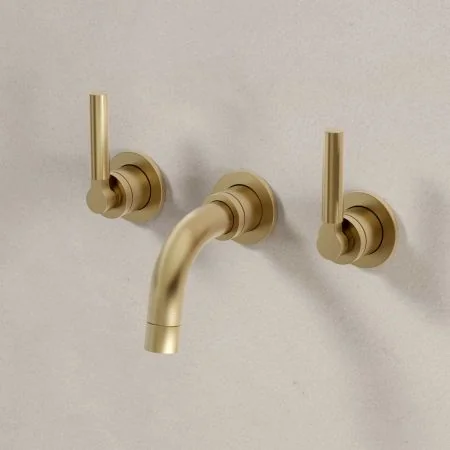 Bayor Backsplash Basin Mounted 3 Hole Basin - Metal Lever - Brushed Brass