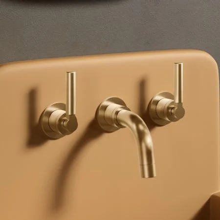 Bayor Backsplash Basin Mounted 3 Hole Basin - Metal Lever - Brushed Brass