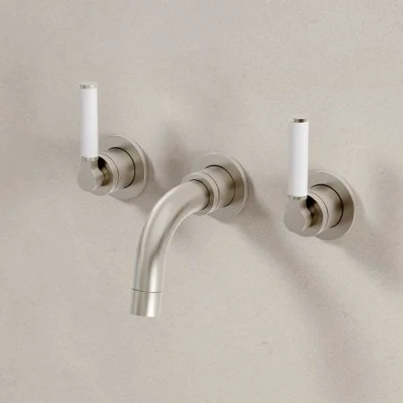 Bayor Backsplash Basin Mounted 3 Hole Basin - White Lever - Brushed Nickel