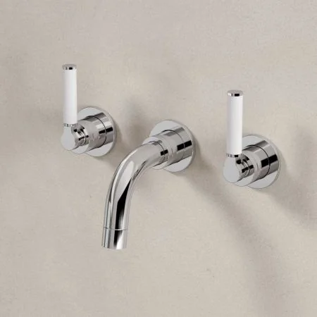 Senska - 3-Hole Basin Mixer Tap - Backsplash Basin Mounted - White Lever - Chrome