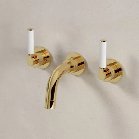 Bayor Backsplash Basin Mounted 3 Hole Basin - White Lever - Living Brass