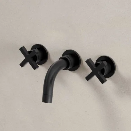 Bayor Backsplash Basin Mounted 3 Hole Basin - Crosshead - Matt Black