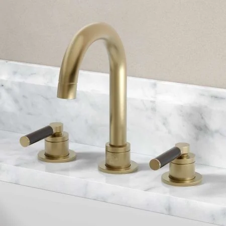 Bayor Deck Mounted 3 Hole Basin Mixer - Black Lever - Brushed Brass