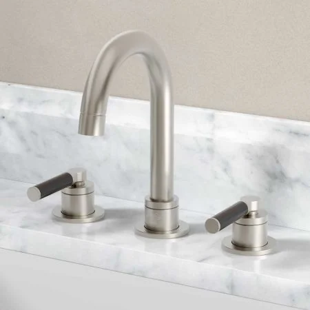 Bayor Deck Mounted 3 Hole Basin Mixer - Black Lever - Brushed Nickel