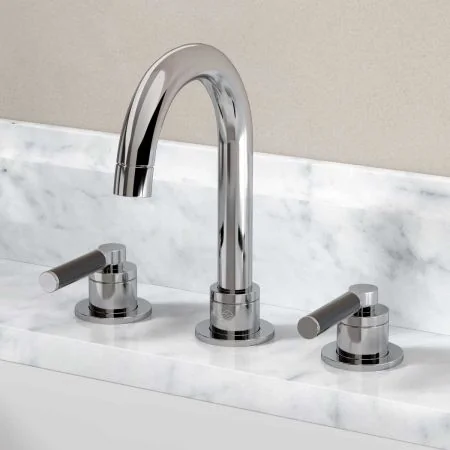 Bayor Deck Mounted 3 Hole Basin Mixer - Black Lever - Chrome