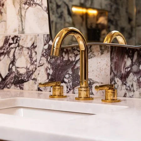 Bayor Deck Mounted 3 Hole Basin Mixer - Metal Lever - Living Brass