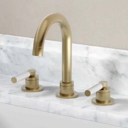 Bayor Deck Mounted 3 Hole Basin Mixer - White Lever - Brushed Brass