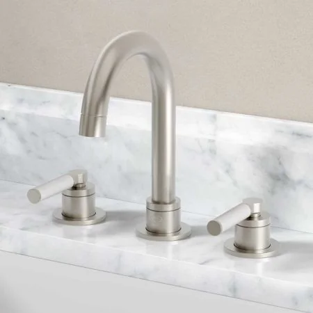 Bayor Deck Mounted 3 Hole Basin Mixer - White Lever - Brushed Nickel
