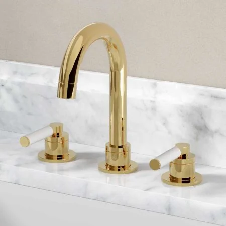 Bayor Deck Mounted 3 Hole Basin Mixer - White Lever - Living Brass
