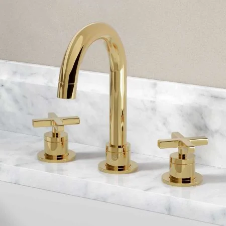 Bayor Deck Mounted 3 Hole Basin Mixer - Crosshead - Living Brass