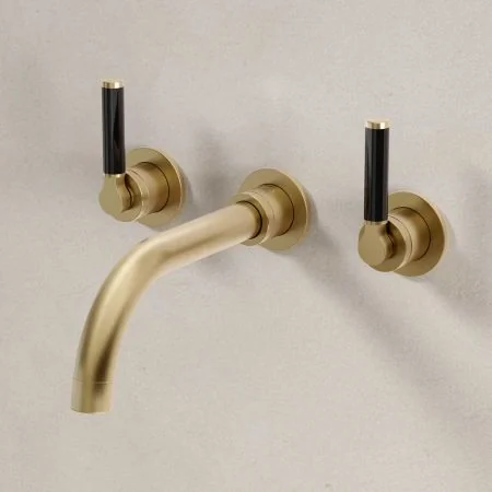 Bayor Wall Mounted 3 Hole Basin Mixer - 215mm Spout - Black Lever - Brushed Brass