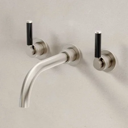 Bayor Wall Mounted 3 Hole Basin Mixer - 215mm Spout - Black Lever - Brushed Nickel